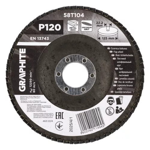 GRAPHITE Csiszolókorong lamellás 125x22,2mm, P120 inox, fém, fa (58T104)