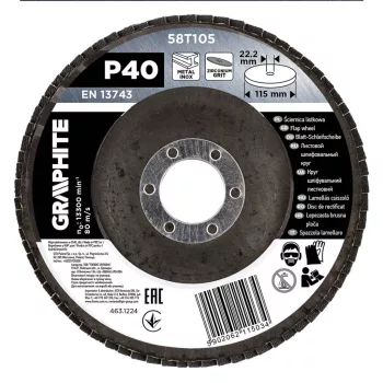   GRAPHITE Csiszolókorong lamellás 115x22,2mm, P40 inox, fém, fa (58T105)