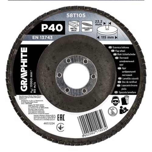 GRAPHITE Csiszolókorong lamellás 115x22,2mm, P40 inox, fém, fa (58T105)