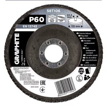   GRAPHITE Csiszolókorong lamellás 115x22,2mm, P60 inox, fém, fa (58T106)
