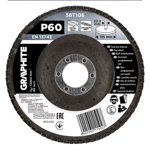 GRAPHITE Csiszolókorong lamellás 115x22,2mm, P60 inox, fém, fa (58T106)