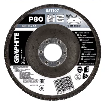   GRAPHITE Csiszolókorong lamellás 115x22,2mm, P80 inox, fém, fa (58T107)