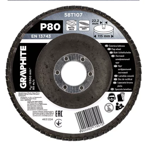 GRAPHITE Csiszolókorong lamellás 115x22,2mm, P80 inox, fém, fa (58T107)