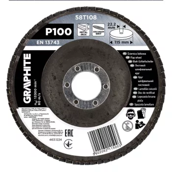  GRAPHITE Csiszolókorong lamellás 115x22,2mm, P100 inox, fém, fa (58T108)