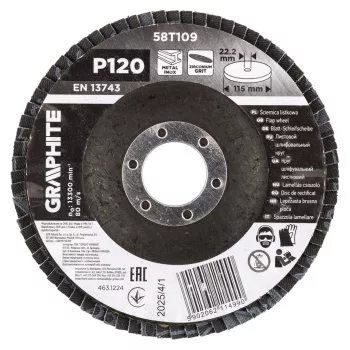   GRAPHITE Csiszolókorong lamellás 115x22,2mm, P120 inox, fém, fa (58T109)