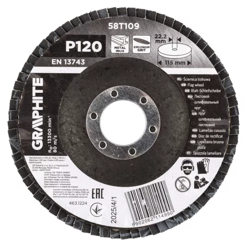 GRAPHITE Csiszolókorong lamellás 115x22,2mm, P120 inox, fém, fa (58T109)