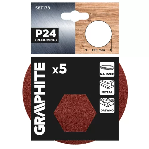GRAPHITE Csiszolókorong tépőzáras 125mm, P24, 5db (58T178)