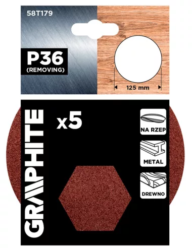 GRAPHITE Csiszolókorong tépőzáras 125mm, P36, 5db (58T179)