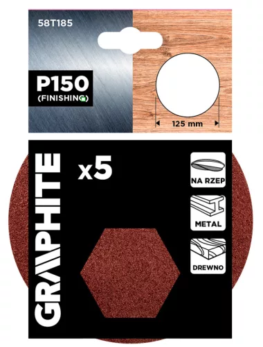 GRAPHITE Csiszolókorong tépőzáras 125mm, P150, 5db (58T185)