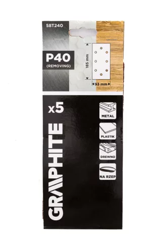 GRAPHITE Csiszolópapír tépőzáras 93x185mm, P40, 8 lyukas, 5db (58T240)