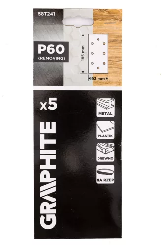 GRAPHITE Csiszolópapír tépőzáras 93x185mm, P60, 8 lyukas, 5db (58T241)