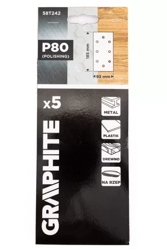 GRAPHITE Csiszolópapír tépőzáras 93x185mm, P80, 8 lyukas, 5db (58T242)