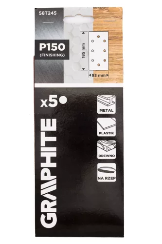 GRAPHITE Csiszolópapír tépőzáras 93x185mm, P150, 8 lyukas, 5db (58T245)