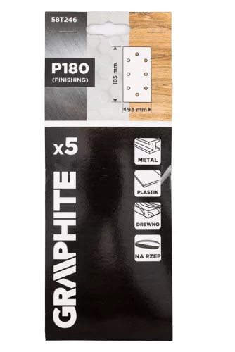 GRAPHITE Csiszolópapír tépőzáras 93x185mm, P180, 8 lyukas, 5db (58T246)