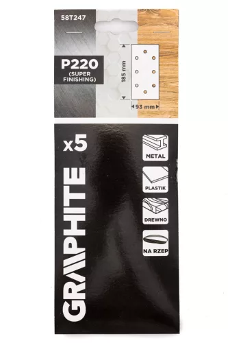 GRAPHITE Csiszolópapír tépőzáras 93x185mm, P220, 8 lyukas, 5db (58T247)