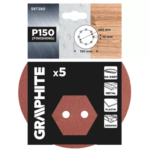 GRAPHITE Csiszolókorong tépőzáras 150mm, P150, 8 lyukas, 5db (58T280)