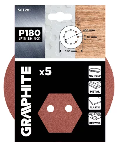 GRAPHITE Csiszolókorong tépőzáras 150mm, P180, 8 lyukas, 5db (58T281)