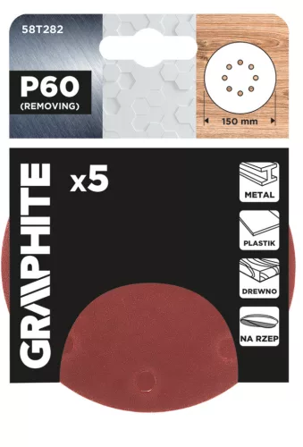 GRAPHITE Csiszolókorong tépőzáras 150mm, P60, 8 lyukkal, 5db (58T282)