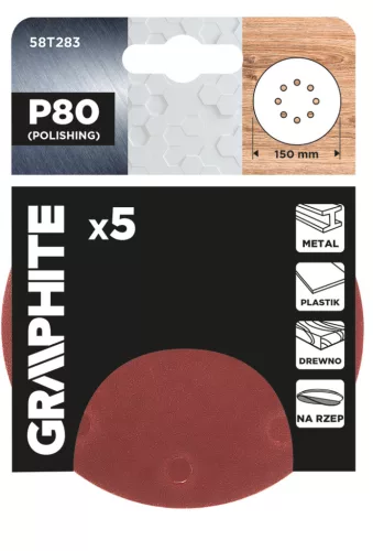 GRAPHITE Csiszolókorong tépőzáras 150mm, P80, 8 lyukkal, 5db (58T283)