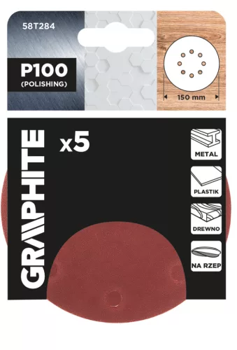GRAPHITE Csiszolókorong tépőzáras 150mm, P100, 8 lyukkal, 5db (58T284)