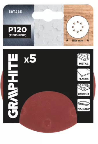 GRAPHITE Csiszolókorong tépőzáras 150mm, P120, 8 lyukkal, 5db (58T285)
