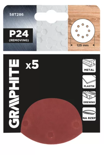 GRAPHITE Csiszolókorong tépőzáras 125mm, P24, 8 lyukkal, 5db (58T286)