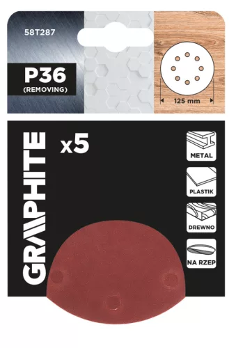 GRAPHITE Csiszolókorong tépőzáras 125mm, P36, 8 lyukkal, 5db (58T287)