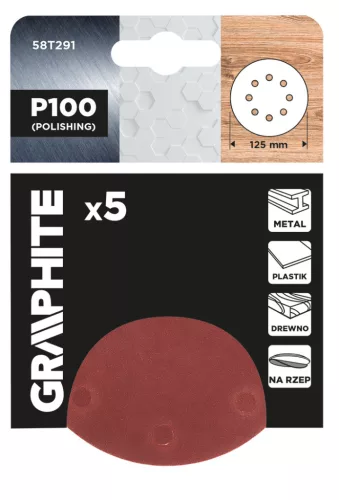 GRAPHITE Csiszolókorong tépőzáras 125mm, P100, 8 lyukkal, 5db (58T291)
