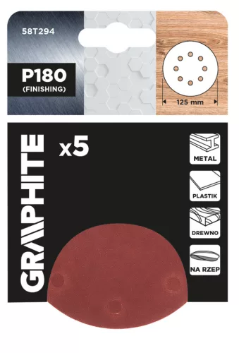 GRAPHITE Csiszolókorong tépőzáras 125mm, P180, 8 lyukkal, 5db (58T294)