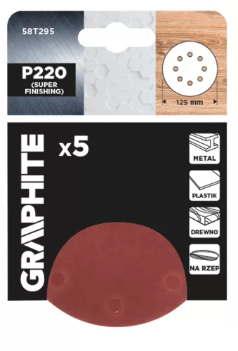 GRAPHITE Csiszolókorong tépőzáras 125mm, P220, 8 lyukkal, 5db (58T295)