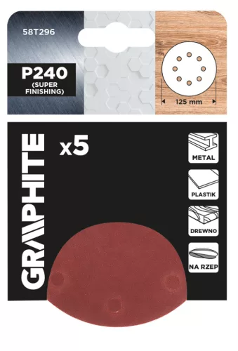 GRAPHITE Csiszolókorong tépőzáras 125mm, P240, 8 lyukkal, 5db (58T296)