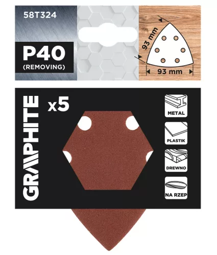 GRAPHITE Csiszolópapír tépőzáras deltacsiszolóhoz 93x93mm, P40, 6 lyukas, 5db (58T324)