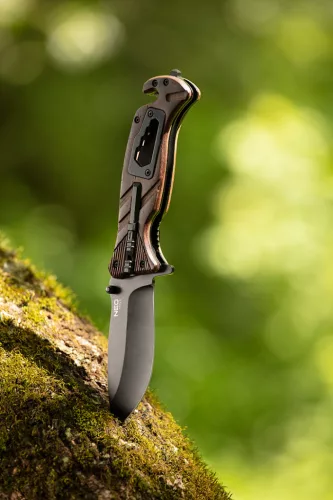 NEO Összecsukható túlélő kés, 22 cm, 6 az 1-ben: kés, síp, kovakő, csavarkulcs, szíjvágó, üvegtörő, penge: 9cm (63-107)