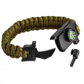   NEO Túlélő karkötő 5 az 1-ben: 3.5m paracord(250kg-ig), kovakő, iránytű, kés, síp, zöld, szélessége 26mm (63-140)