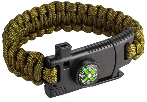 NEO Túlélő karkötő 5 az 1-ben: 3.5m paracord(250kg-ig), kovakő, iránytű, kés, síp, zöld, szélessége 26mm (63-140)