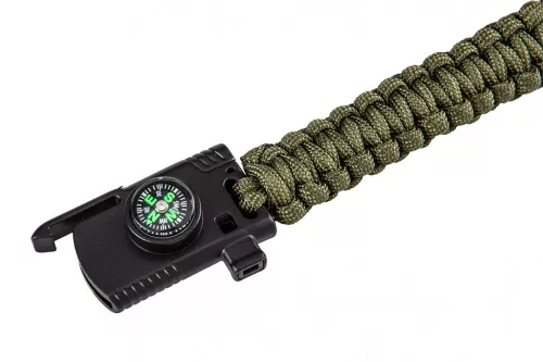 NEO Túlélő karkötő 5 az 1-ben: 3.5m paracord(250kg-ig), kovakő, iránytű, kés, síp, zöld, szélessége 26mm (63-140)