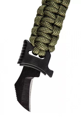 NEO Túlélő karkötő 5 az 1-ben: 3.5m paracord(250kg-ig), kovakő, iránytű, kés, síp, zöld, szélessége 26mm (63-140)