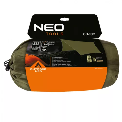 NEO TÚLÉLŐ KEMPING PONYVA, VíZÁLLÓ, 360X290CM, 210T/2000PU ANYAG, HORGOK, KÖTELEK, 2 SZÁLLíTÓZSÁK (63-180)