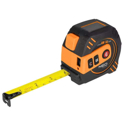 NEO Lézeres távolságmérő beépített mérőszalaggal, hatótáv: 40m, mérőszalag: 19mm x 5m, Li-ion akkumulátor (67-100)