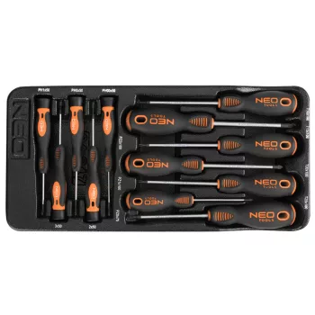   NEO Műszerész, Precíziós Csavarhúzó készlet, PZ, TORX, 12db, műhelykocsitálcával (84-247)