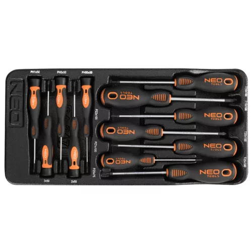 NEO Műszerész, Precíziós Csavarhúzó készlet, PZ, TORX, 12db, műhelykocsitálcával (84-247)