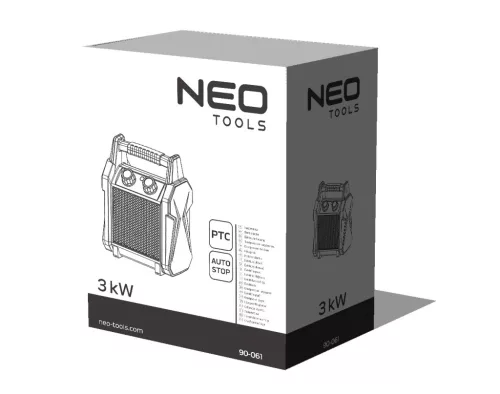 NEO Ipari PTC Elektromos Kerámia Hősugárzó 3 kw, termosztát, levehető fogantyú, borulásvédelem,210 m3/h (90-061)