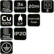 NEO Kábeldob, hosszabbító, 20m/3x1,5mm2 réz kábel, 230V, IP20, hőkioldó, műanyag dob, fém keret  (90-170)
