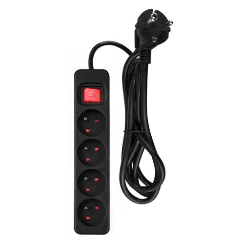 NEO Hálózati elosztó, kapcsolós, 4 aljzat, 1,5m/ 3x1,5mm2 kábel, fekete (90-184)