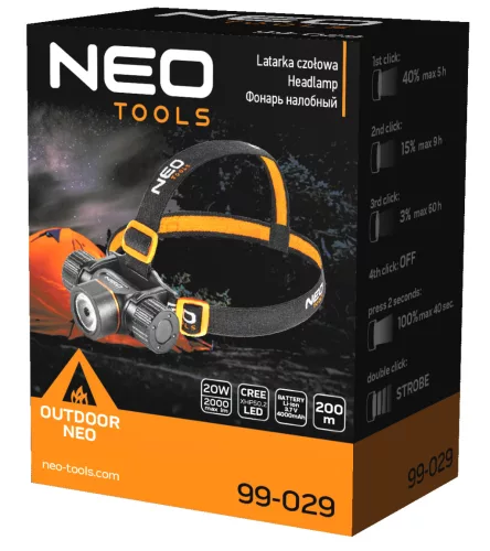NEO Fejlámpa + zseblámpa 2az1-ben, tölthető, USB 2000lum CREExHP50.2 LED, 20W (99-029)