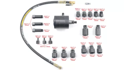 KROFtools Pneumatikus porlasztócsúcs kihúzó készlet beragadt injektorok kiszereléséhez, 20 adapterrel (8470)
