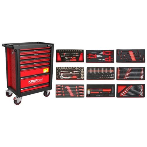 KROFtools SZERSZÁMkocsi , (SZEKRÉNY) 7 FIÓKOS 173 DARAB szerszám, piros  (8501VER)