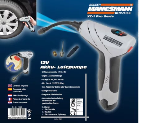 Mannesmann Akkus légpumpa 12 V, 125 PSI, 3 adapterrel és munkalámpával (M17200)