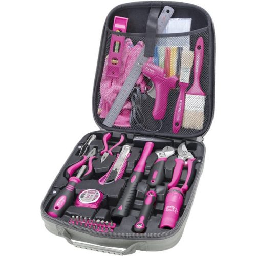 EXTOL LADY szerszámkészlet, 68db; Extol Lady, rózsaszín, fogó, csavarhúzók, kalapács, BIT-ek, melegragasztó pisztoly, LED-lámpa (6593)