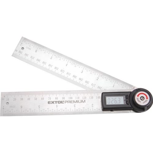 EXTOL PREMIUM digitális szögmérő-vonalzó, szög- és hosszmérésre, 0-360°, pontosság: ±0,3°, 2×200 mm, Alu szár mm és coll beosztással (8823510)